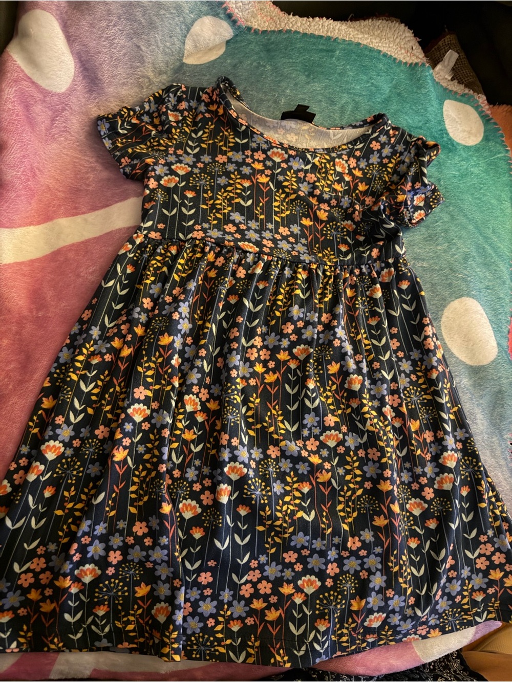 Navy Floral Short-Sleeve Girls' Casual Dress